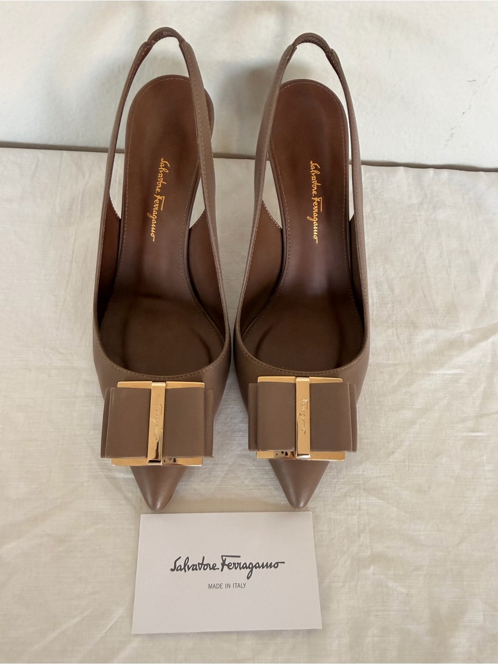 Salvatore Ferragamo Taupe Leather Pointed-Toe Slingback Heels with Bow